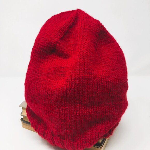 Handknitted Tomato Red Ribbed Edge Unisex Slouchy Hat - Picture 4 of 14